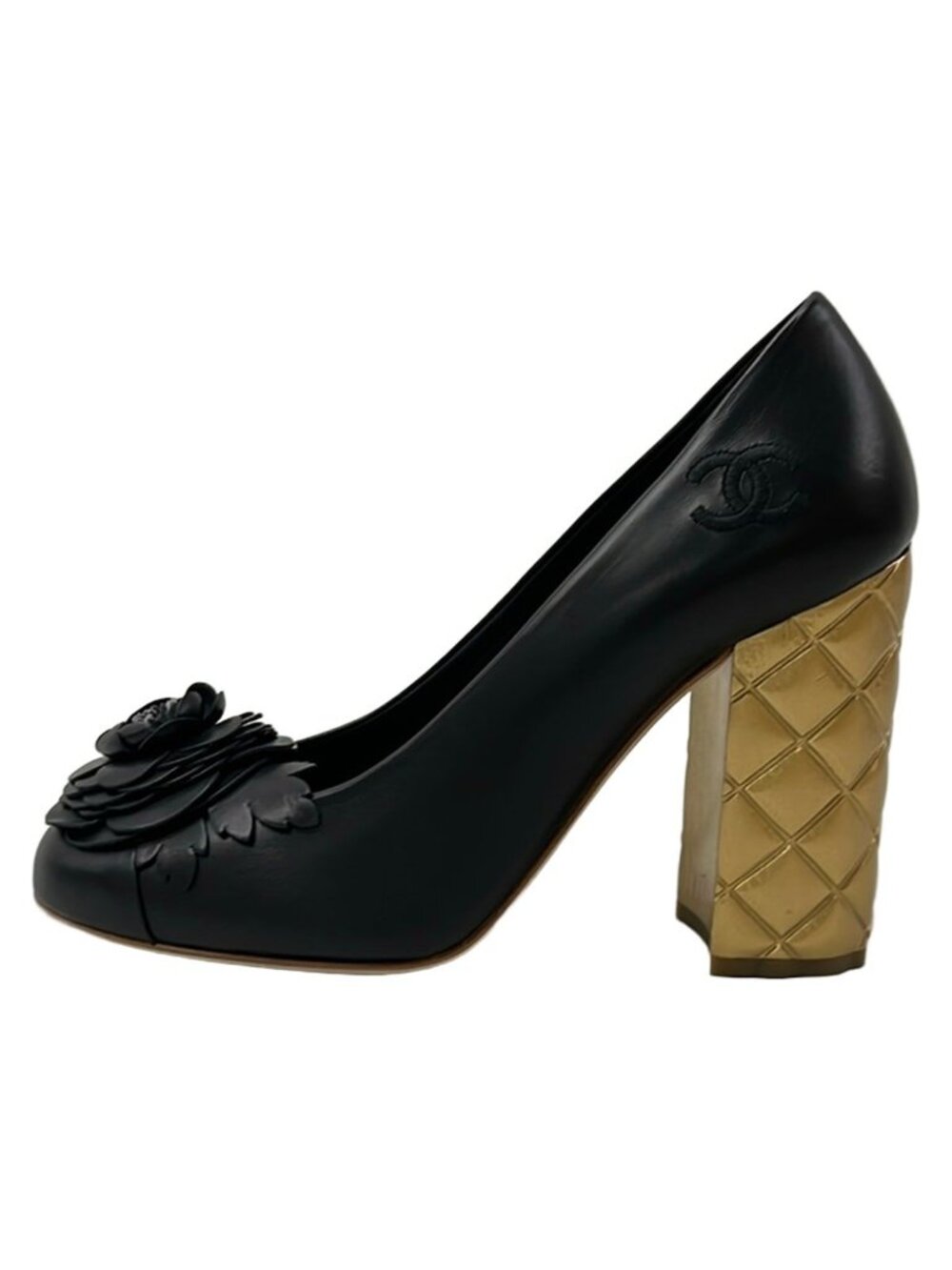 Chanel Pumps Black Gold Camellia Quilted Leather Heels
